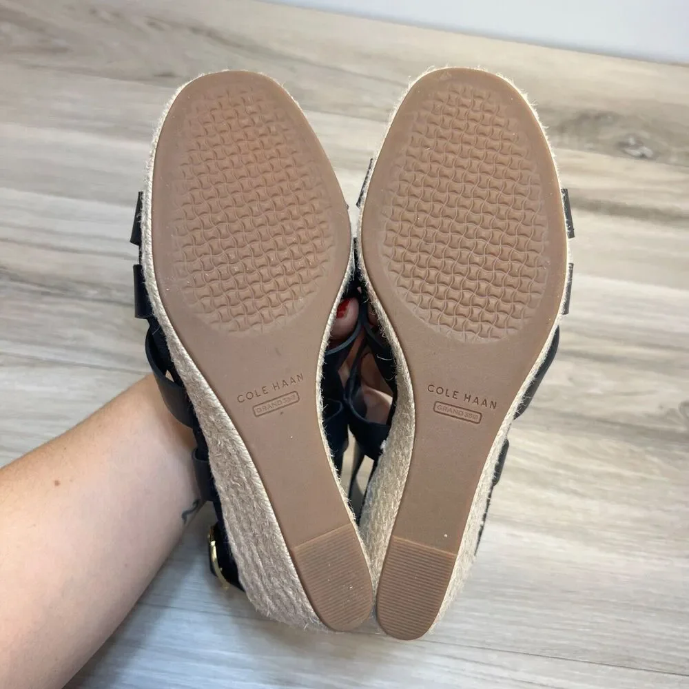 Cole‎ Haan W23573 Crystal Sandal Wedge Black Women Size 7B Leather Espadrilles